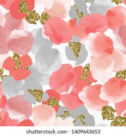 Color, abstract, diverse seamless pattern with colorful watercolor and gold glitter shapes made in vector