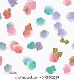 Color, abstract, diverse seamless pattern with colorful watercolor and gold glitter shapes made in vector