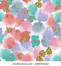 Color, abstract, diverse seamless pattern with colorful watercolor and gold glitter shapes made in vector