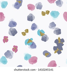 Color, abstract, diverse seamless pattern with colorful watercolor and gold glitter shapes made in vector