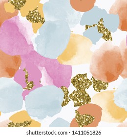 Color, abstract, diverse seamless pattern with colorful watercolor and gold glitter shapes made in vector