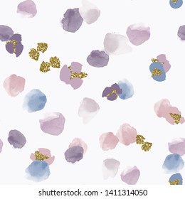 Color, abstract, diverse seamless pattern with colorful watercolor and gold glitter shapes made in vector