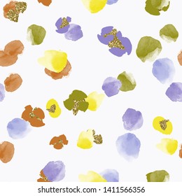 Color, abstract, diverse seamless pattern with colorful watercolor and gold glitter shapes made in vector