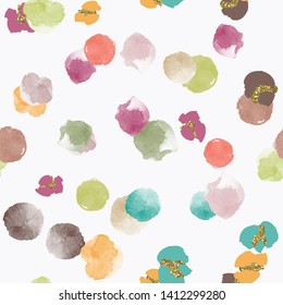 Color, abstract, diverse seamless pattern with colorful watercolor and gold glitter shapes made in vector