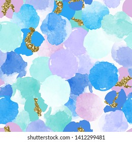Color, abstract, diverse seamless pattern with colorful watercolor and gold glitter shapes made in vector