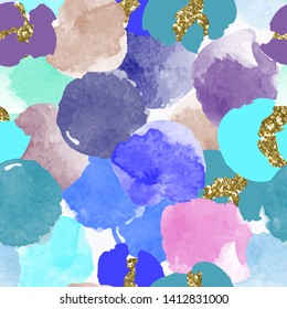 Color, abstract, diverse seamless pattern with colorful watercolor and gold glitter shapes made in vector
