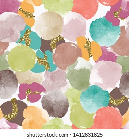 Color, abstract, diverse seamless pattern with colorful watercolor and gold glitter shapes made in vector