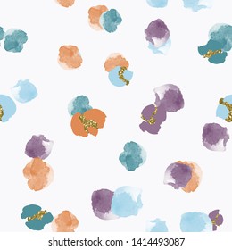 Color, abstract, diverse seamless pattern with colorful watercolor and gold glitter shapes made in vector