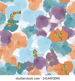 Color, abstract, diverse seamless pattern with colorful watercolor and gold glitter shapes made in vector