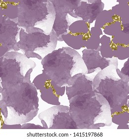Color, abstract, diverse seamless pattern with colorful watercolor and gold glitter shapes made in vector