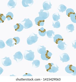 Color, abstract, diverse seamless pattern with colorful watercolor and gold glitter shapes made in vector
