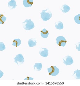 Color, abstract, diverse seamless pattern with colorful watercolor and gold glitter shapes made in vector