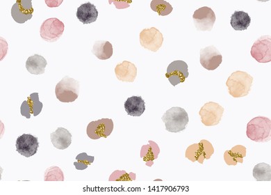 Color, abstract, diverse seamless pattern with colorful watercolor and gold glitter shapes made in vector