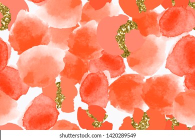 Color, abstract, diverse seamless pattern with colorful watercolor and gold glitter shapes made in vector