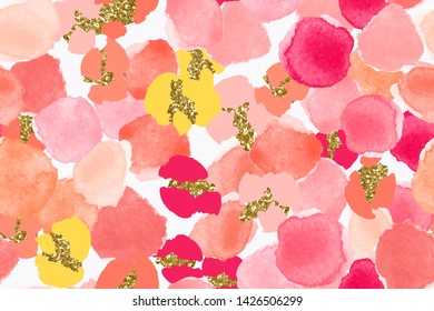 Color, abstract, diverse seamless pattern with colorful watercolor and gold glitter shapes made in vector