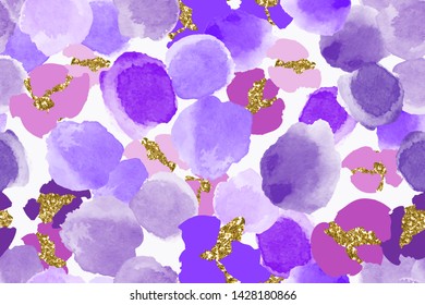 Color, abstract, diverse seamless pattern with colorful watercolor and gold glitter shapes made in vector