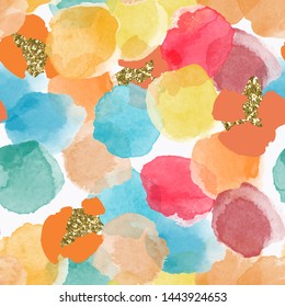 Color, abstract, diverse seamless pattern with colorful watercolor and gold glitter shapes made in vector