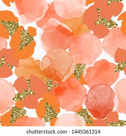 Color, abstract, diverse seamless pattern with colorful watercolor and gold glitter shapes 