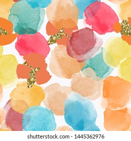 Color, abstract, diverse seamless pattern with colorful watercolor and gold glitter shapes