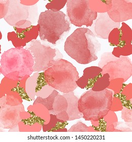 Color, abstract, diverse seamless pattern with colorful watercolor and gold glitter shapes 