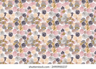 Color, abstract, diverse seamless pattern with colorful watercolor and gold glitter shapes made in vector