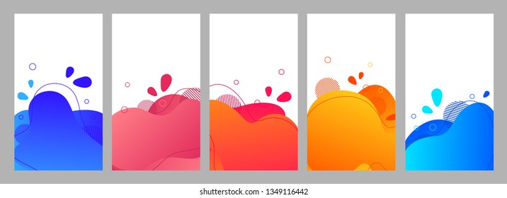 Color abstract fluid social media background set. Wavy bubble web banner, screen, mobile app colorful design. Flowing liquid gradient shapes. Geometric social network stories theme template pack