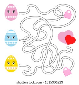 Color abstract labyrinth. Kids worksheets. Activity page. Game puzzle for children. Cute egg toon, the way to the heart, holiday, Easter. Maze conundrum. Vector illustration