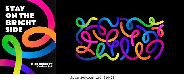 Color Abstract Lines. 3D Shapes with Gradient on Black Background. Color Vector Graphic Design. Wave and Spiral Rainbow Pattern