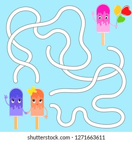 Color abstract maze. Help the cute ice cream to reach the ice cream with balloons. Kids worksheets. Activity page. Game puzzle for children. Cartoon style. Labyrinth conundrum. Vector illustration