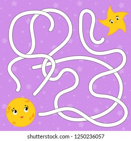 Color abstract maze. Help the moon to reach the star. Kids worksheets. Activity page. Game puzzle for children. Cartoon style. Labyrinth conundrum. Vector illustration
