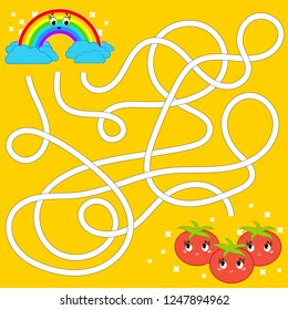 Color abstract maze. Help the rainbow to reach the tomatoes. Kids worksheets. Activity page. Game puzzle for children. Cartoon style. Labyrinth conundrum. Vector illustration