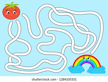 Color abstract maze. Help the tomato get to the rainbow. Kids worksheets. Activity page. Game puzzle for children. Cartoon style. Labyrinth conundrum. Vector illustration