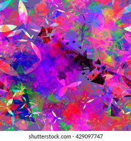 Color abstract seamless template. Triangles and patterns of three petals. Shuffle randomly. Translucency. Overlay. Overlapping. Watercolor effect.