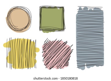 Color abstract shapes made hand drawn brush. Vector design element set.