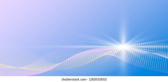 Color abstract template for a card or banner. Blue background with waves and flare.