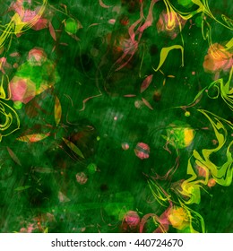 Color abstract vector seamless pattern with a predominance of green. Spots, wavy lines, stylized petals, hatching.