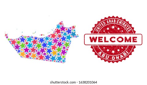 Color Abu Dhabi Emirate map collage of stars, and grunge rounded red WELCOME stamp. Abstract geographic plan in colorful color tints. Vector Abu Dhabi Emirate map is created of color stars.