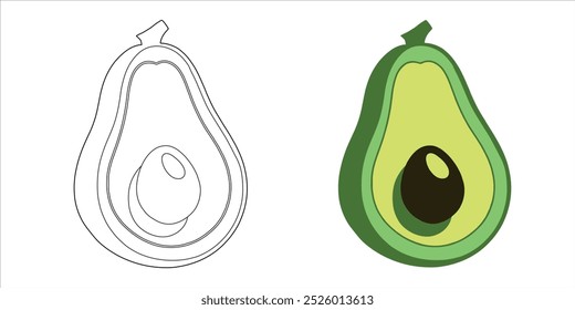 
Color according to the sample. Half of an avocado isolated on a white background. Fresh avocado fruit. vector avocado fruit. Flat vector illustration.