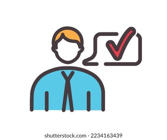 Color accreditation man icon. Young guy in blue shirt and tie. Poster or banner for website. Minimalistic creativity and art. UI and UX design. Manager or clerk. Cartoon flat vector illustration