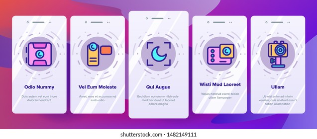 Color Action Camera Onboarding Mobile App Page Screen Vector Thin Line. Types Of Camera Linear Pictograms. Device Stick And Object Glass, Recording Mode And Watertight Housing Illustrations
