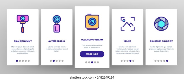 Color Action Camera Onboarding Mobile App Page Screen Vector Thin Line. Types Of Camera Linear Pictograms. Device Stick And Object Glass, Recording Mode And Watertight Housing Illustrations