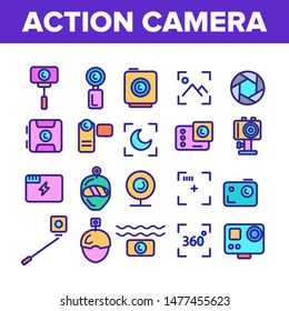 Color Action Camera Sign Icons Set Vector Thin Line. Types Of Camera Linear Pictograms. Device Stick And Object Glass, Recording Mode And Watertight Housing Contour Illustrations