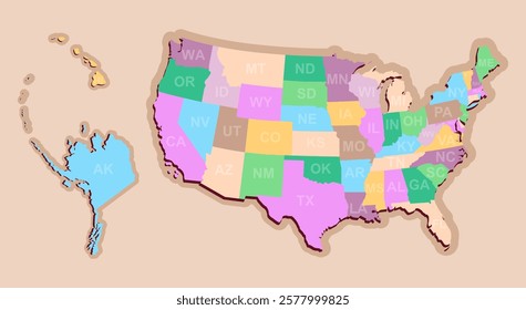 Color administrative map of America. Map of the united states.