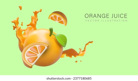 Color advertisement of orange juice. Realistic whole orange, slices, liquid splashes. Natural vegan drink. Concept of healthy vitamin food. Vector template with place for text