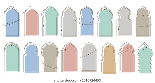 Color aesthetic frames for ramadan islamic templates. Outline minimal graphic elements with stars.Boho arches with sparkles. Vector set