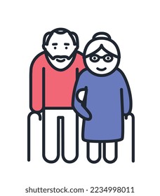 Color aged couple icon. Elderly family walks with sticks and holds hands. Love and romance. Design element for greeting and invitation card, valentines day concept. Cartoon flat vector illustration