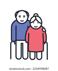 Color aged couple icon. Grandfather and grandmother with sticks in hands and hug. Romantic date and love. Minimalist logotype and branding. Feelings and emotions. Cartoon flat vector illustration