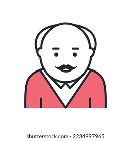Icono de hombre de color envejecido. Pegatinas para redes sociales y mensajeros, mayores con bigote. Metáfora de ayuda médica en línea y consulta especializada, interfaz. Dibujo vectorial plano de dibujos animados