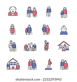 Color aged people icon. Graphic elements for website. Elderly couple and hospital, grandmother and grandfather outdoor logotype. Cartoon flat vector illustrations isolated on white background