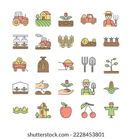 Color agriculture icons set. Farming and rural village, collection of graphic elements for site. Tractor, scarecrow and vegetable garden. Cartoon flat vector illustrations isolated on white background